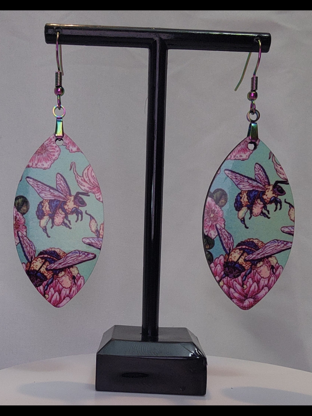 Bee Floral Teardrop Earrings - Mint & Pink
